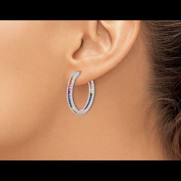 New Prizma Sterling Silver White and Colorful CZ In and Out Hinged Hoop Earrings - Picture 4 of 4